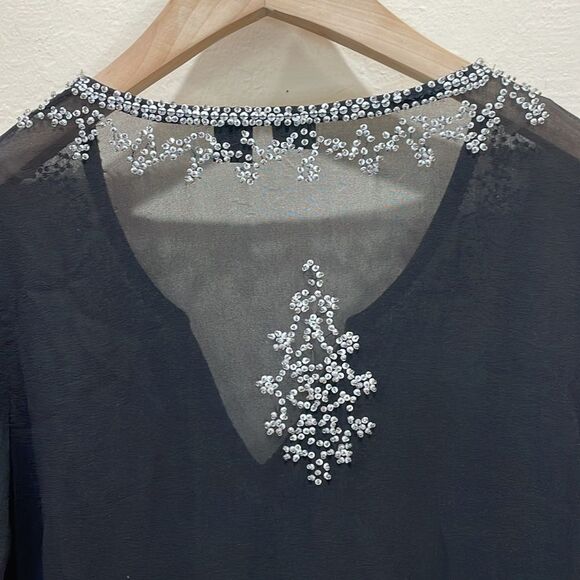Saks Fifth Avenue 100% Silk Sheer Black Tunic Blouse With Beaded Trim - M - Picture 6 of 10